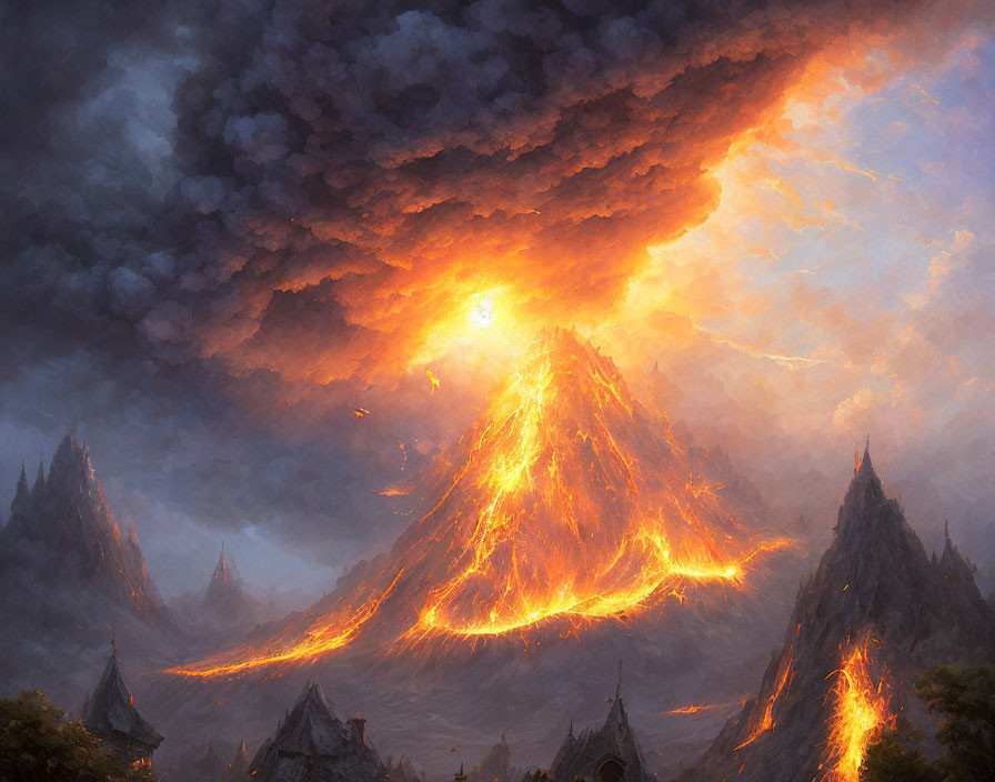 Erupting volcano painting in dramatic landscape