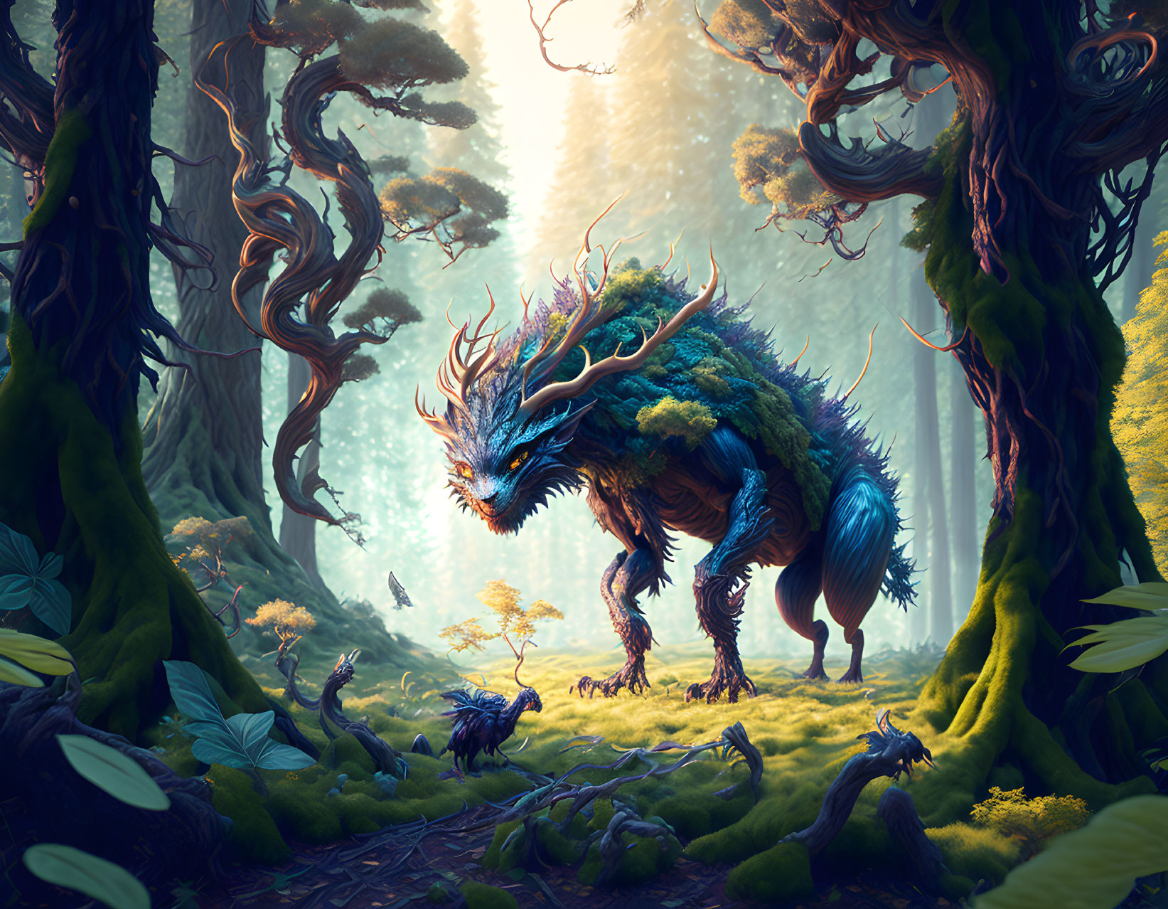 Enchanting forest with blue dragon-like creature and glowing butterflies