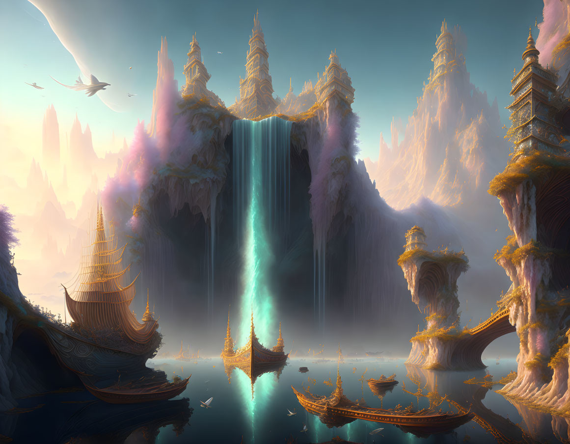 Majestic fantasy landscape with illuminated waterfall and colorful skies