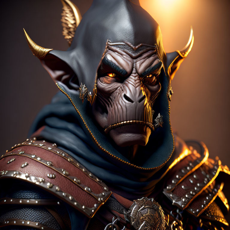 Fantasy character with horns and pointed ears in armor and cape on dark background