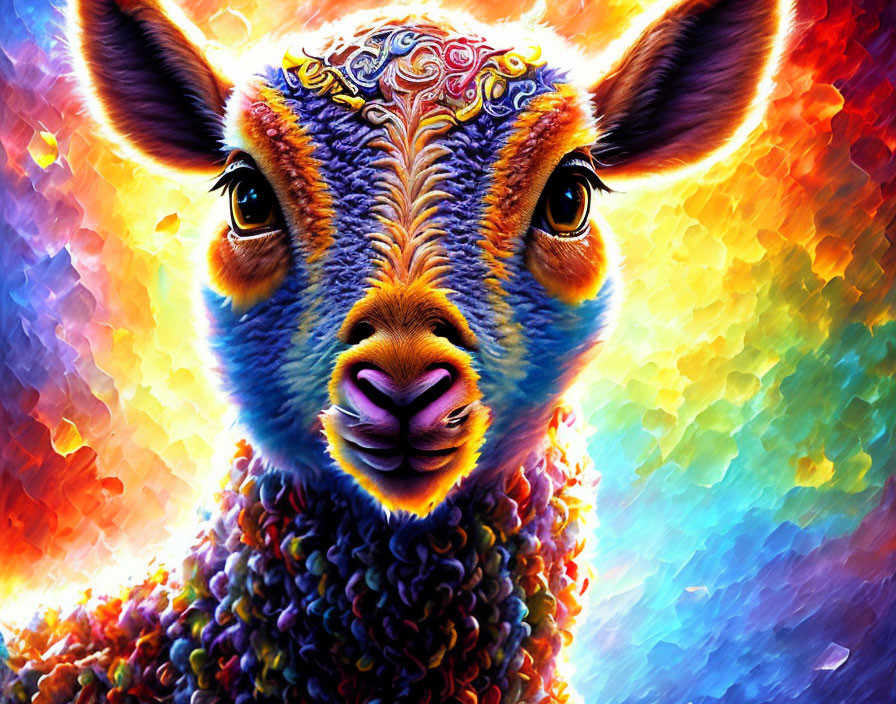 Colorful Llama Digital Art with Psychedelic Pattern on Forehead