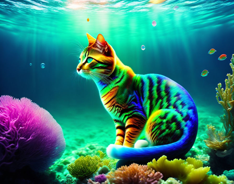 Colorful Cat Surrounded by Coral Reefs and Fish Underwater