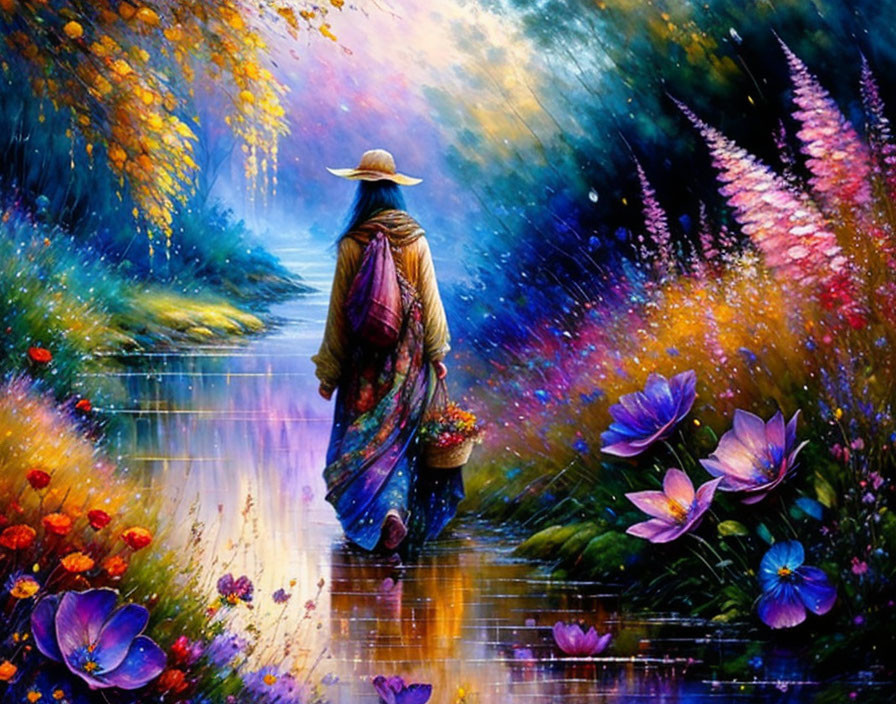 Person in Hat and Cloak by Vibrant Flower-Lined River in Colorful Forest