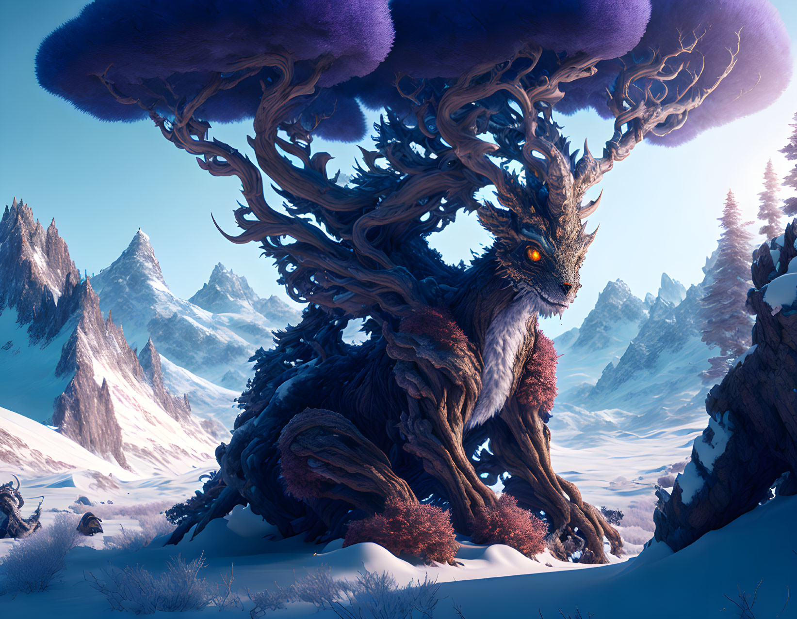 Majestic mystical creature in snowy mountain landscape