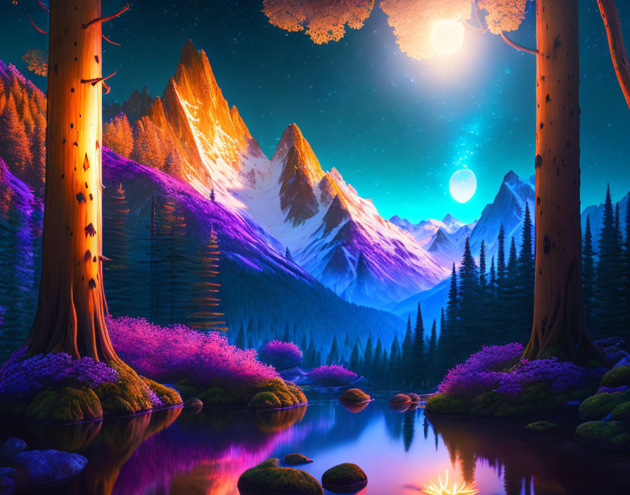 Mystical night landscape with luminous trees, reflective river, snowy mountains, and starry sky