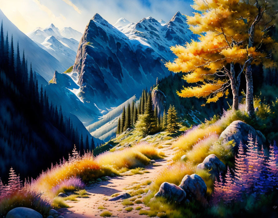 Vibrant mountain landscape with purple and yellow flora and snow-capped peaks