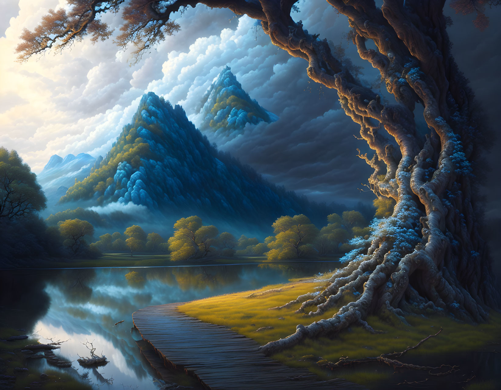 Tranquil landscape with majestic tree, serene lake, and cloud-covered mountains