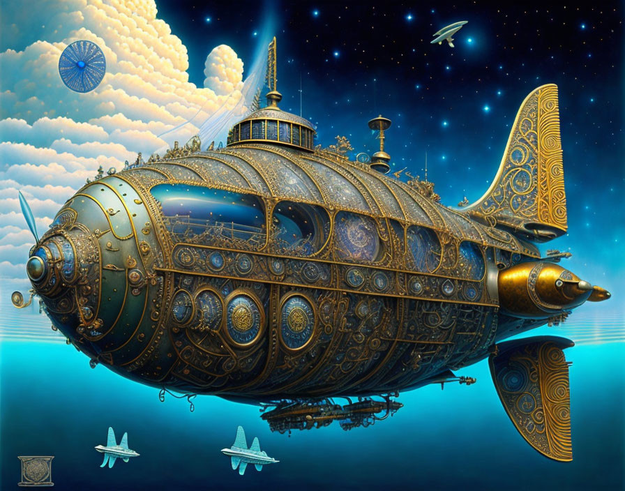 Steampunk-style submarine in surreal sky with flying fish-like vehicles