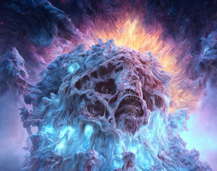 Surreal cosmic image: Anguished skull in vibrant nebulae