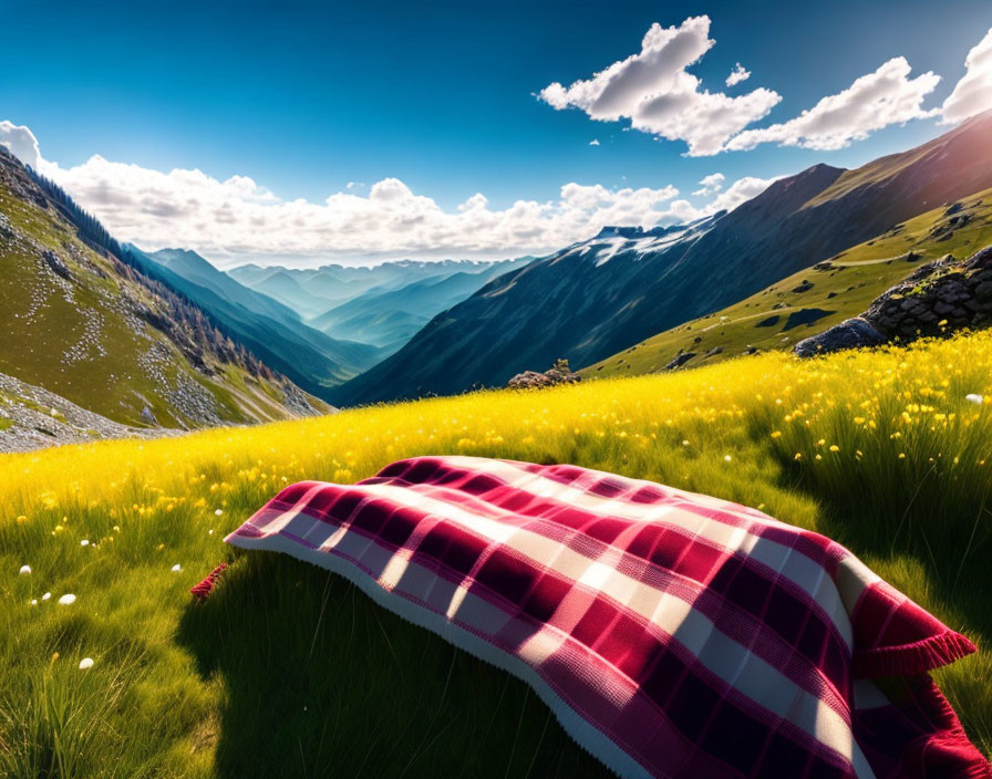 Checkered blanket on green meadow with mountain view