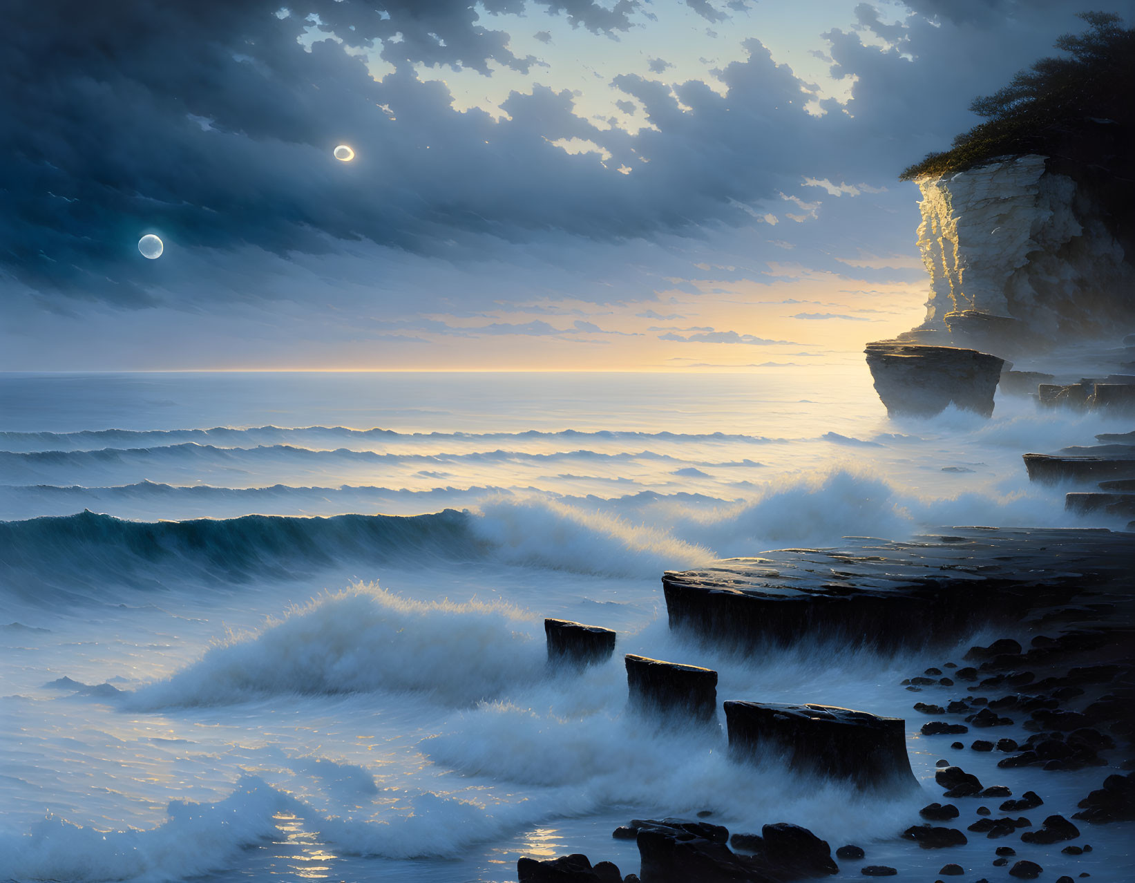 Coastal twilight scene with crescent moon, cliffs, waves, and serene sky