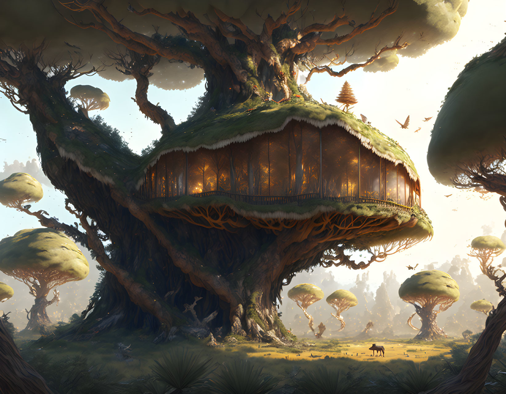 Luminous treehouse on ancient tree in ethereal forest