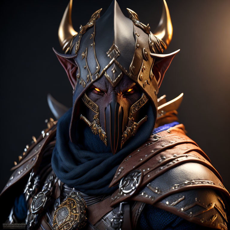 Mysterious figure in ornate horned helmet and intricate armor.