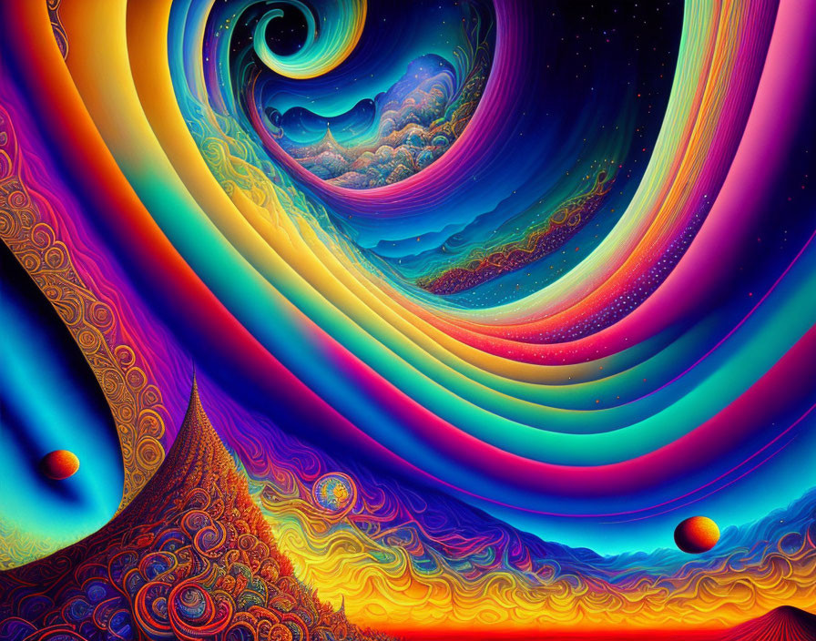 Colorful Psychedelic Digital Artwork with Celestial Bodies and Swirling Patterns