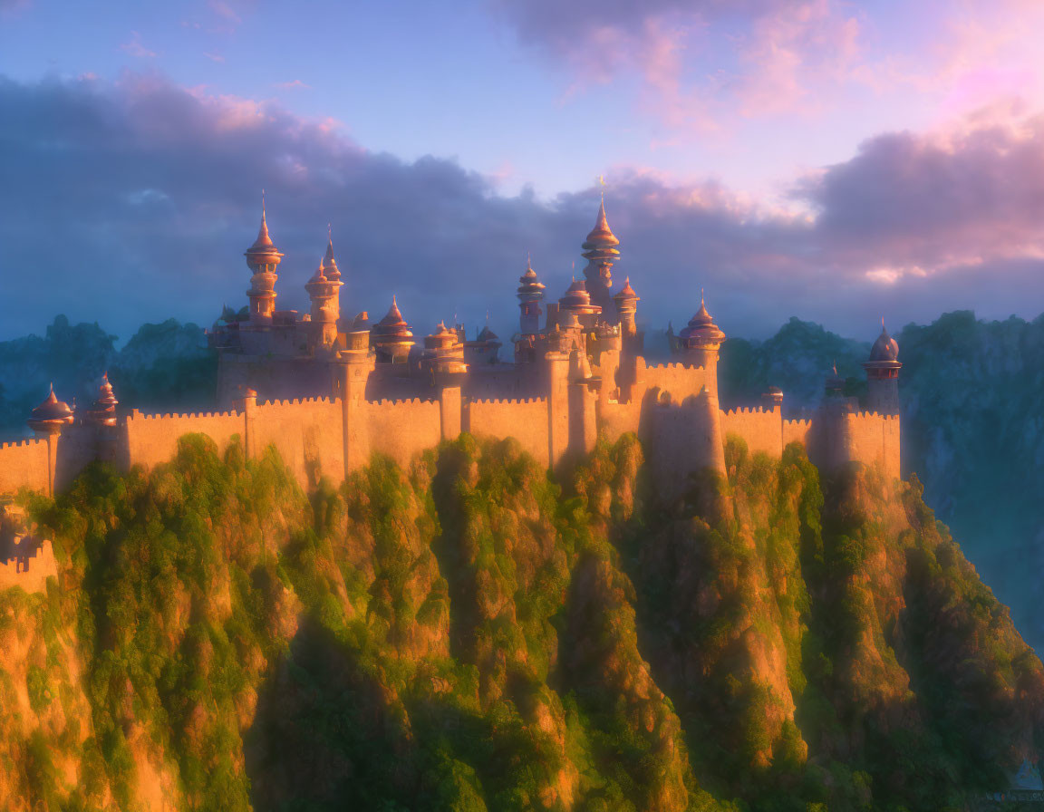 Majestic castle on forested hill at sunset