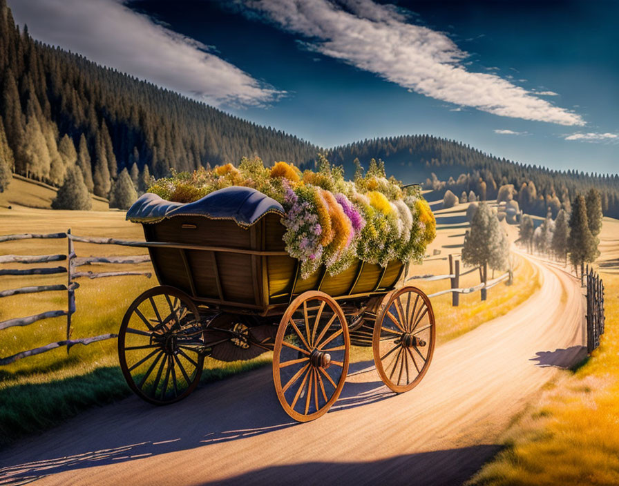 Colorful Flowers in Wooden Carriage on Dirt Road amid Serene Landscape