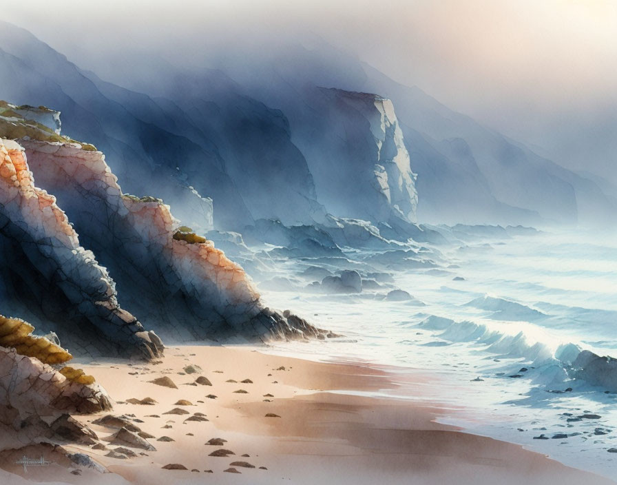 Tranquil watercolor: misty coastal landscape with cliffs, gentle surf, and soft morning light