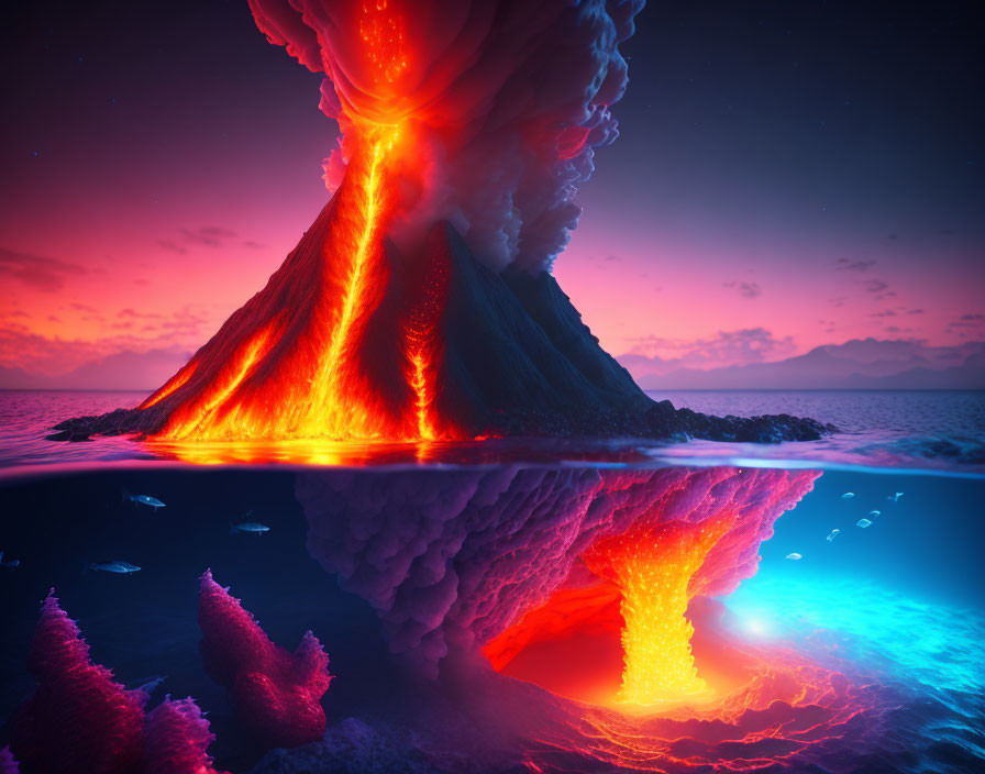 Vibrant volcanic eruption at night with lava flowing into the sea