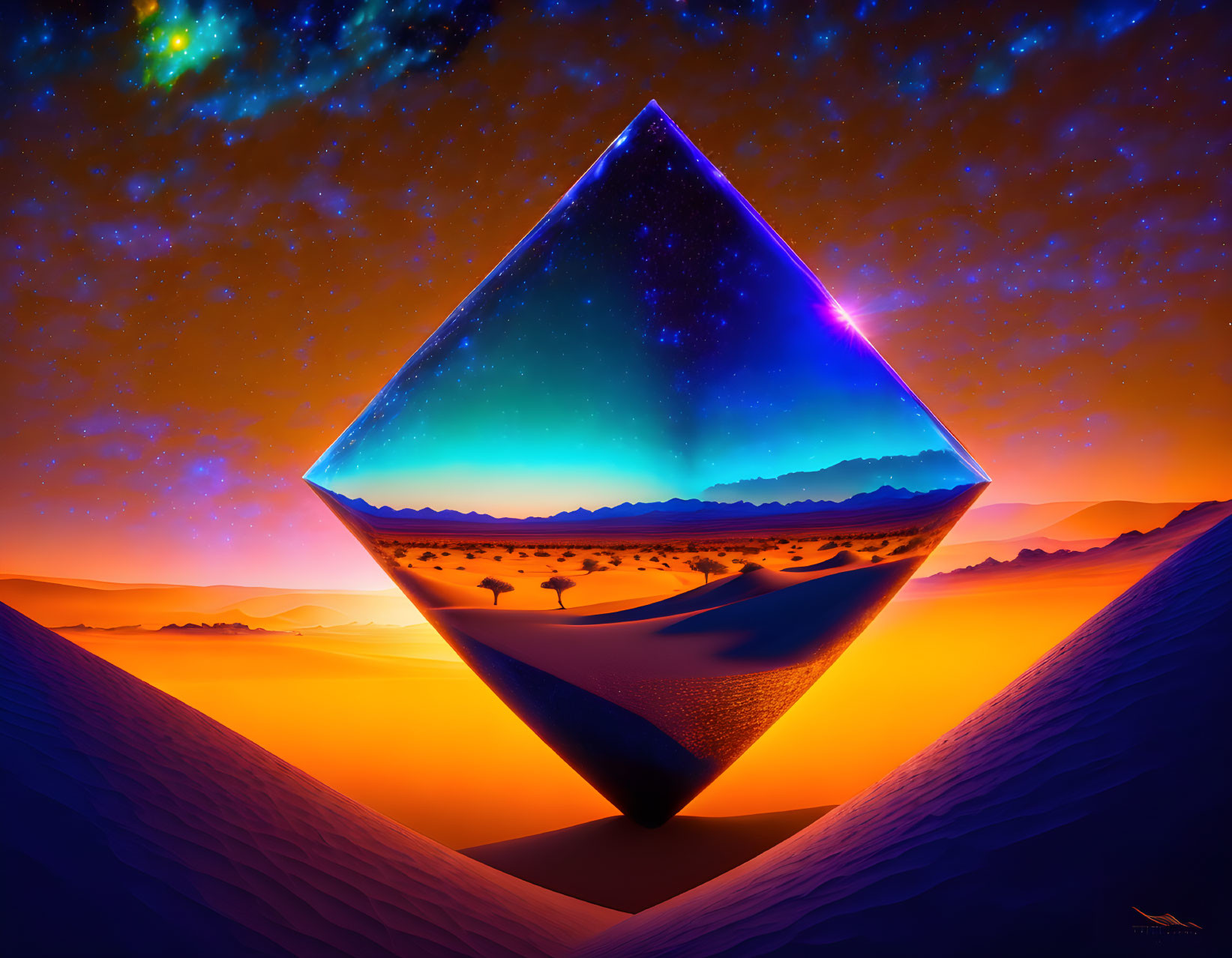 Levitating crystal with desert landscape under starry sky