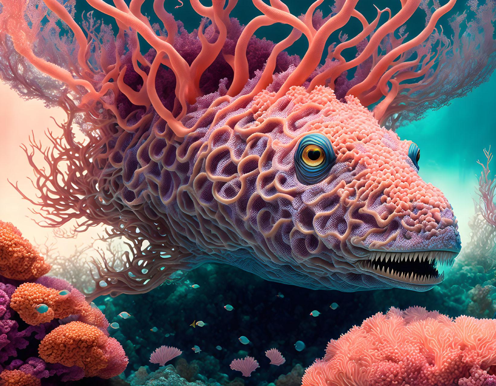 Colorful coral-like creature with textured body and branching antlers above vibrant reef in dreamy setting