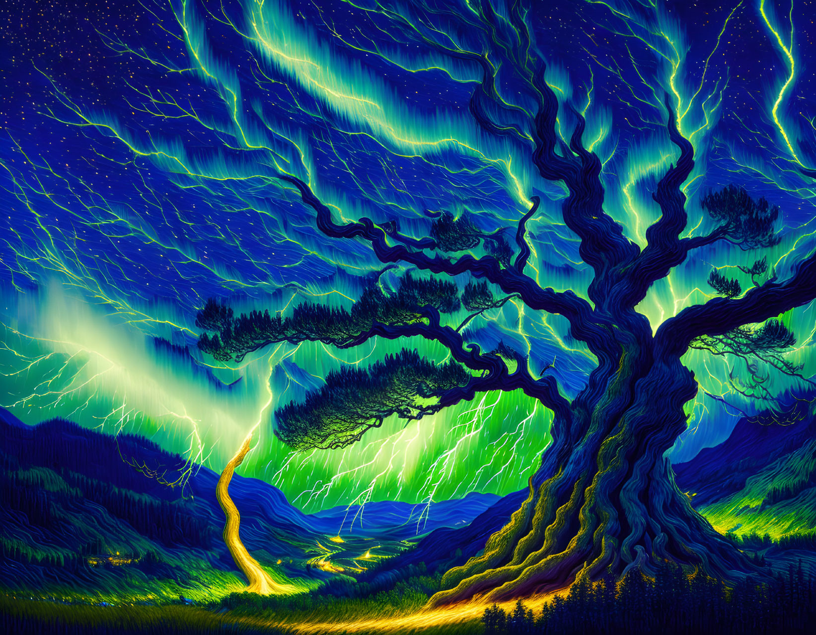 Colorful digital art: Twisted tree under starlit sky with green aurora lights in lush landscape