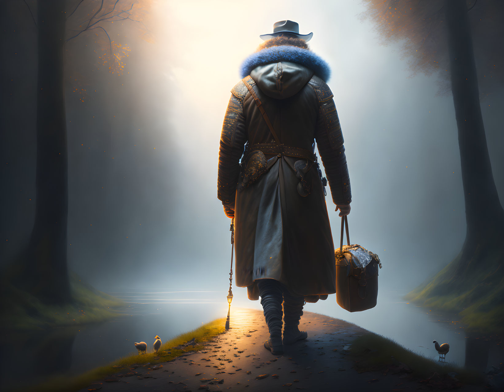 Mysterious traveler in vintage clothing on foggy forest path with lantern and glowing creatures