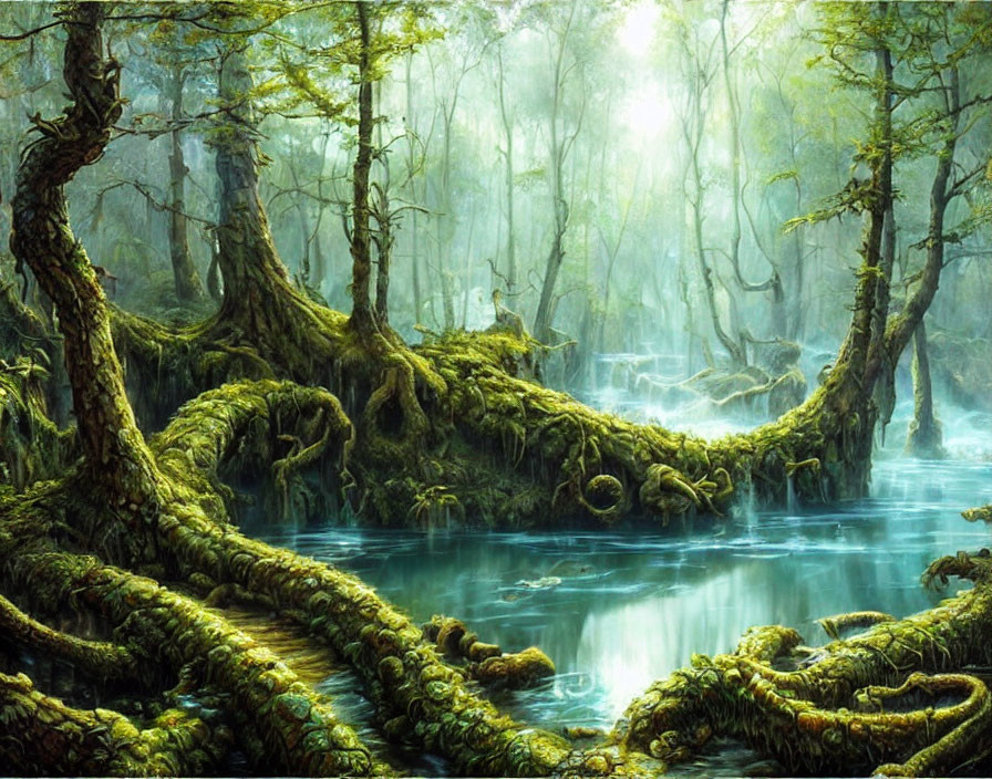 Tranquil forest scene with twisted trees, lush moss, and blue river