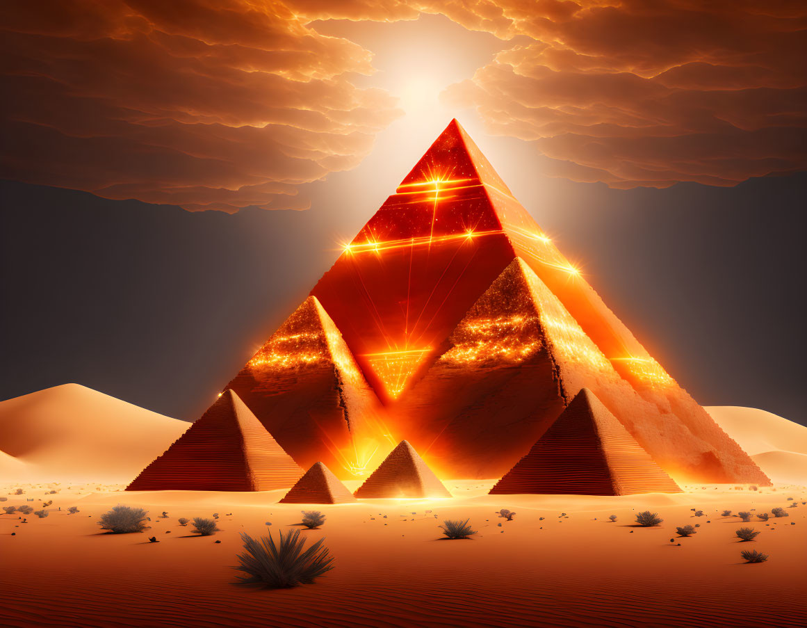 Illuminated pyramid glowing under dramatic desert sky