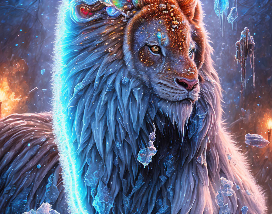 Blue-furred fantasy lion with glowing patterns in icy setting