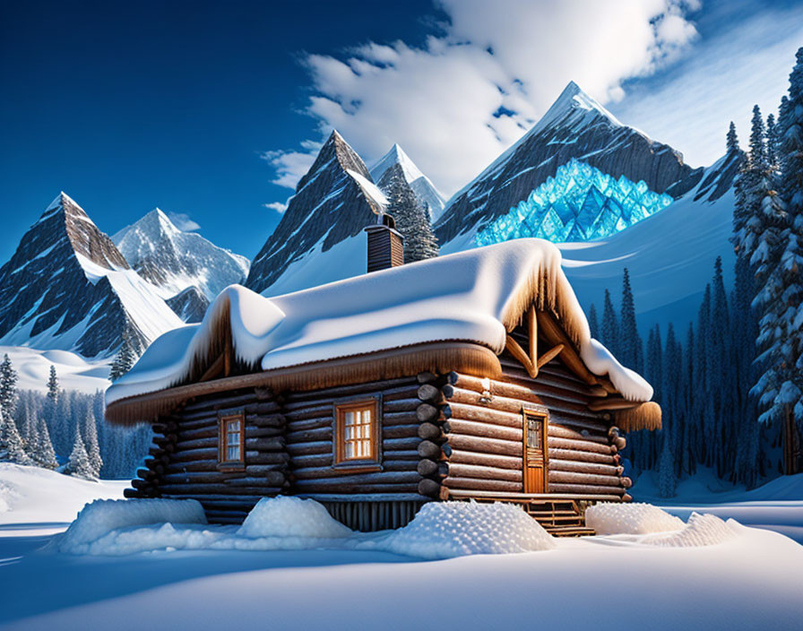 Snow-covered log cabin with smoking chimney in mountain scenery