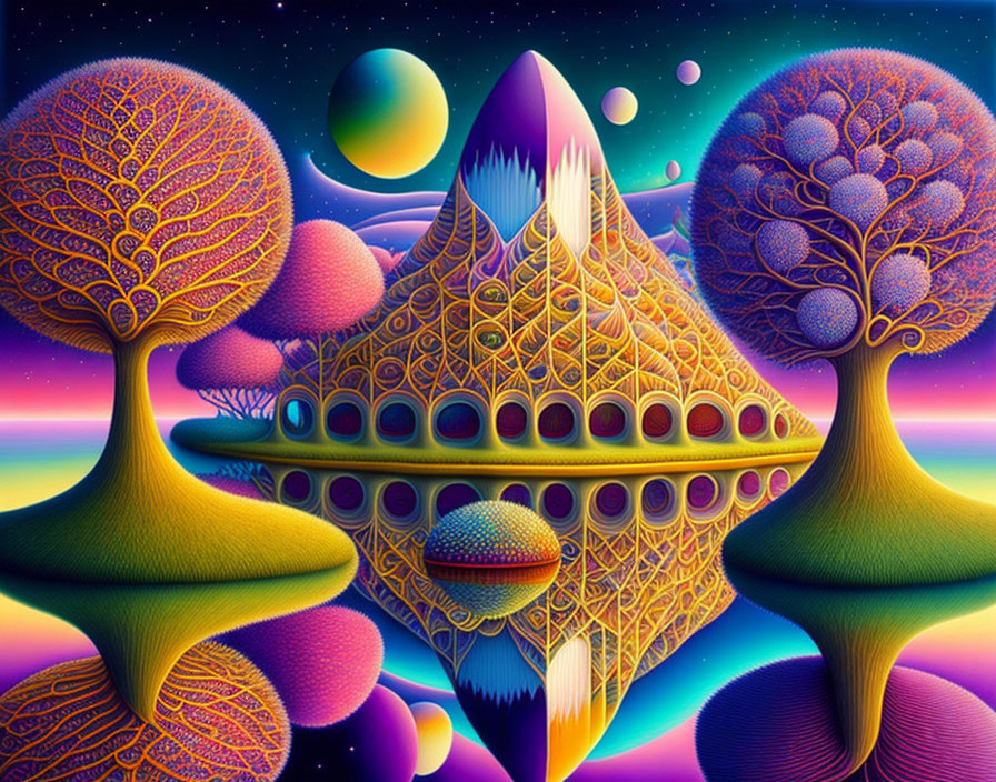 Colorful Psychedelic Landscape with Pyramid and Celestial Bodies