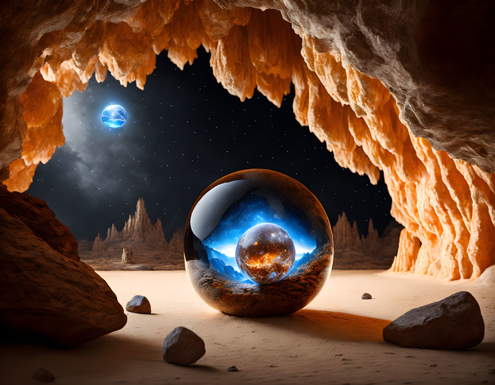 Surreal landscape with crystal ball, rocky terrain, starry sky, and two moons.