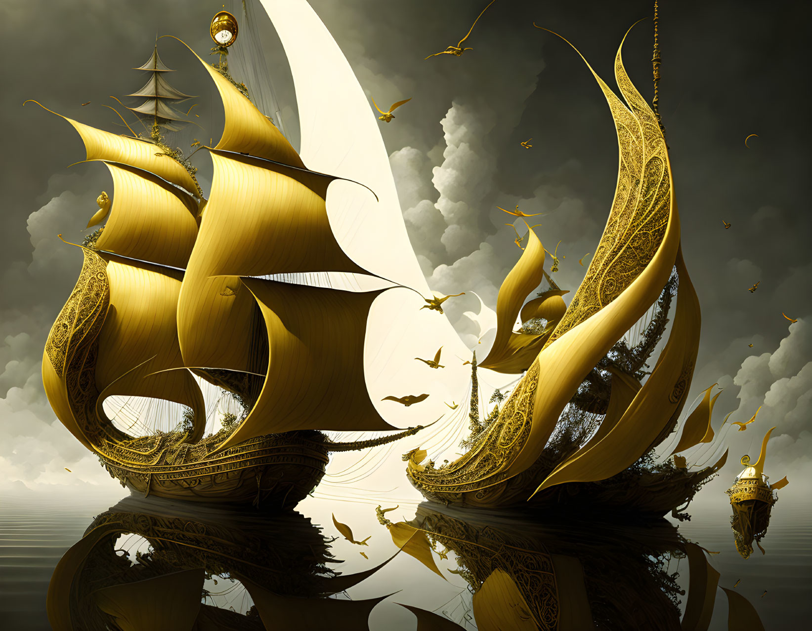 Fantastical golden ships with sail-like wings on reflective water under crescent moon