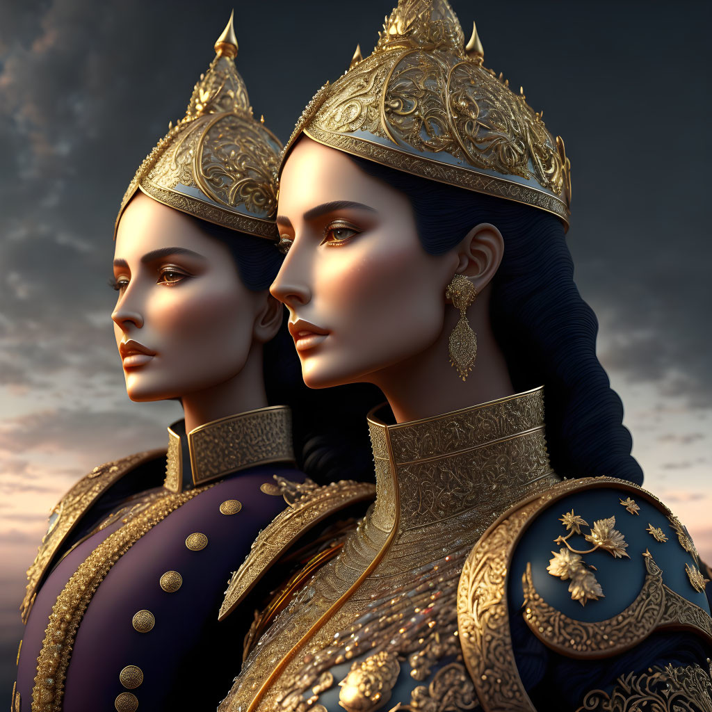 Regal women in golden crowns and military uniforms under dusk sky