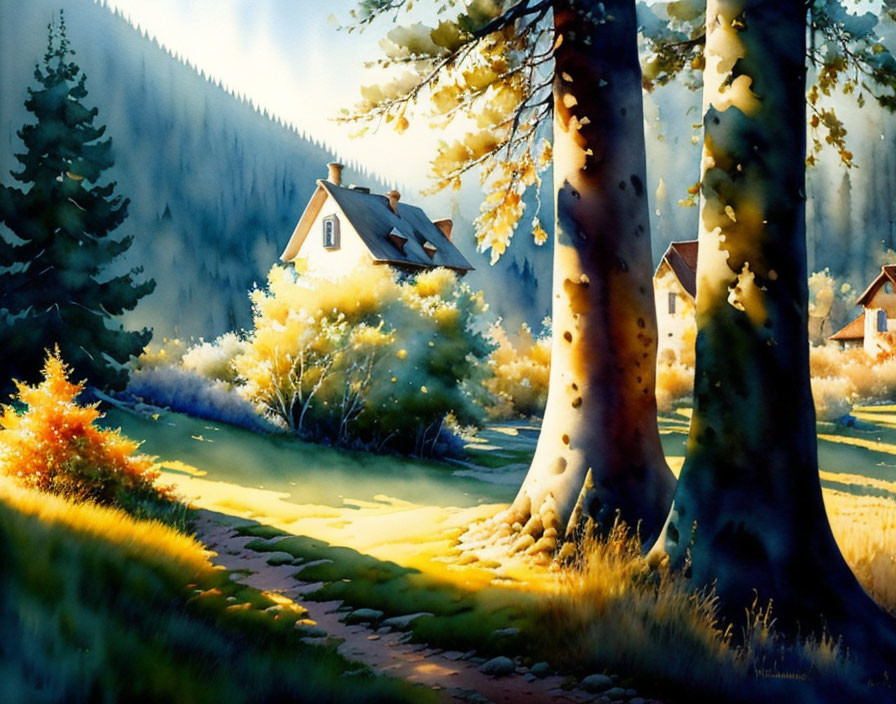 Serene forest scene with sunlit path to cozy house