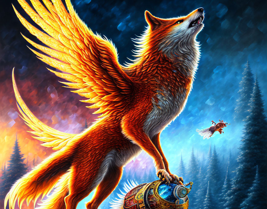 Majestic winged fox with fiery fur on ornate sphere in night forest