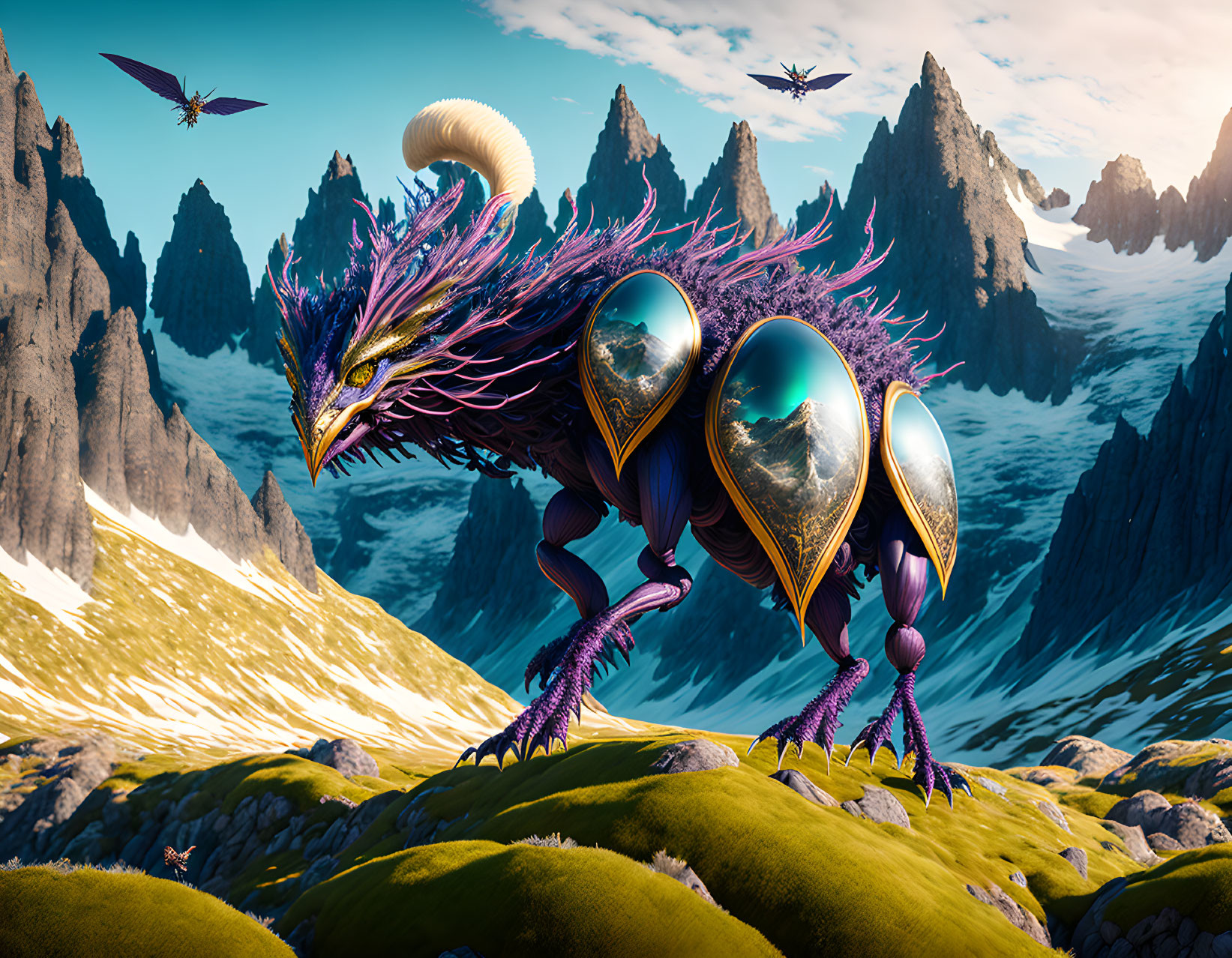 Colorful bird-like creature in mountain landscape with flying beings