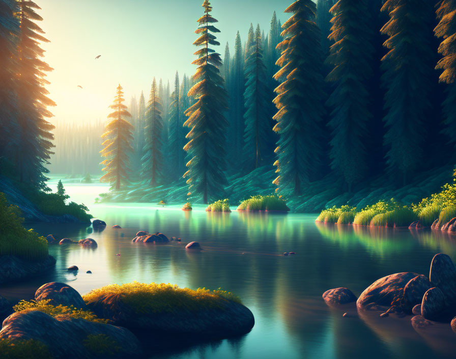 Tranquil forest lake with tall pine trees and birds