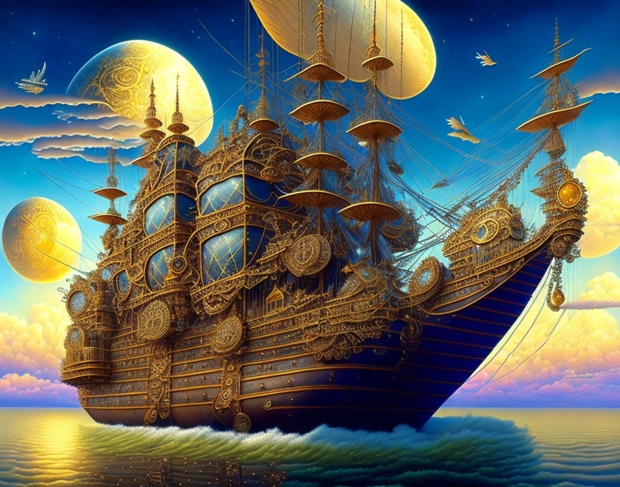 Fantastical ship with golden details under surreal sky.