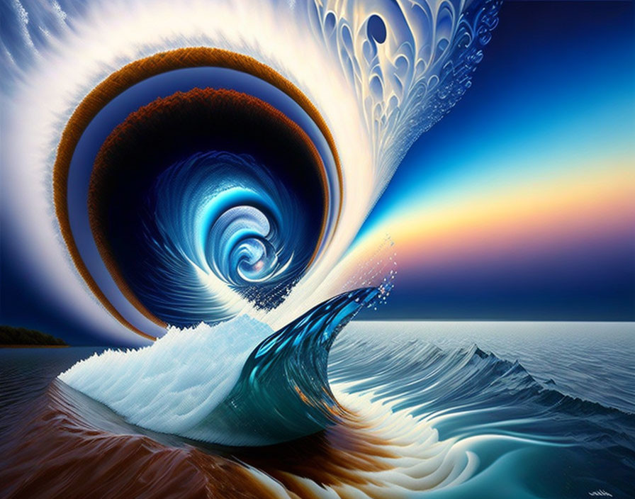 Surreal artwork: wave becomes nautilus shell in sunset sky