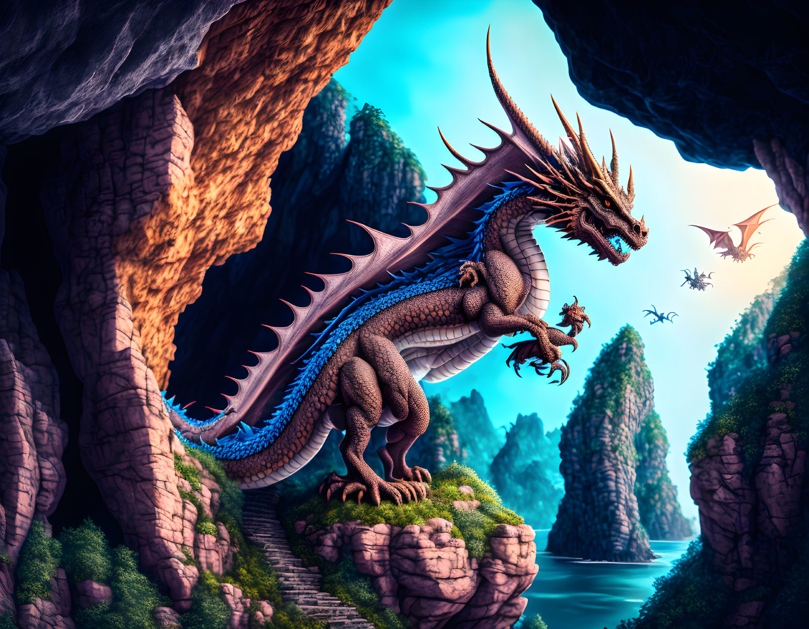 Majestic dragon on cliff in vibrant canyon with flying companions