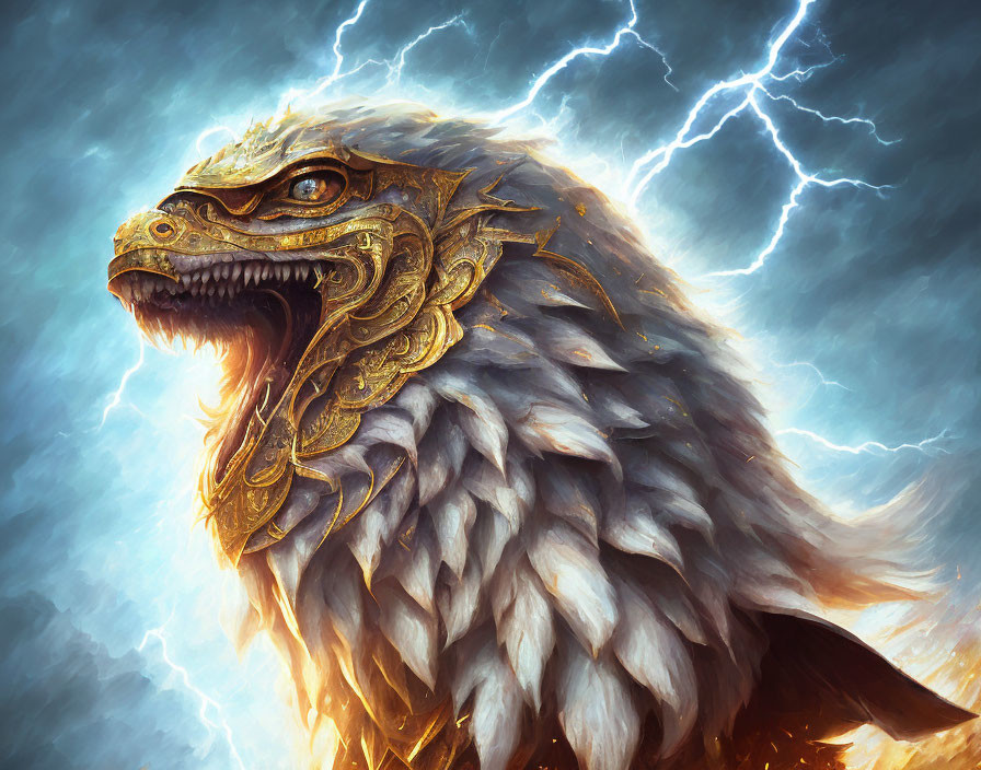 Golden ornate dragon with feathered mane in stormy sky.