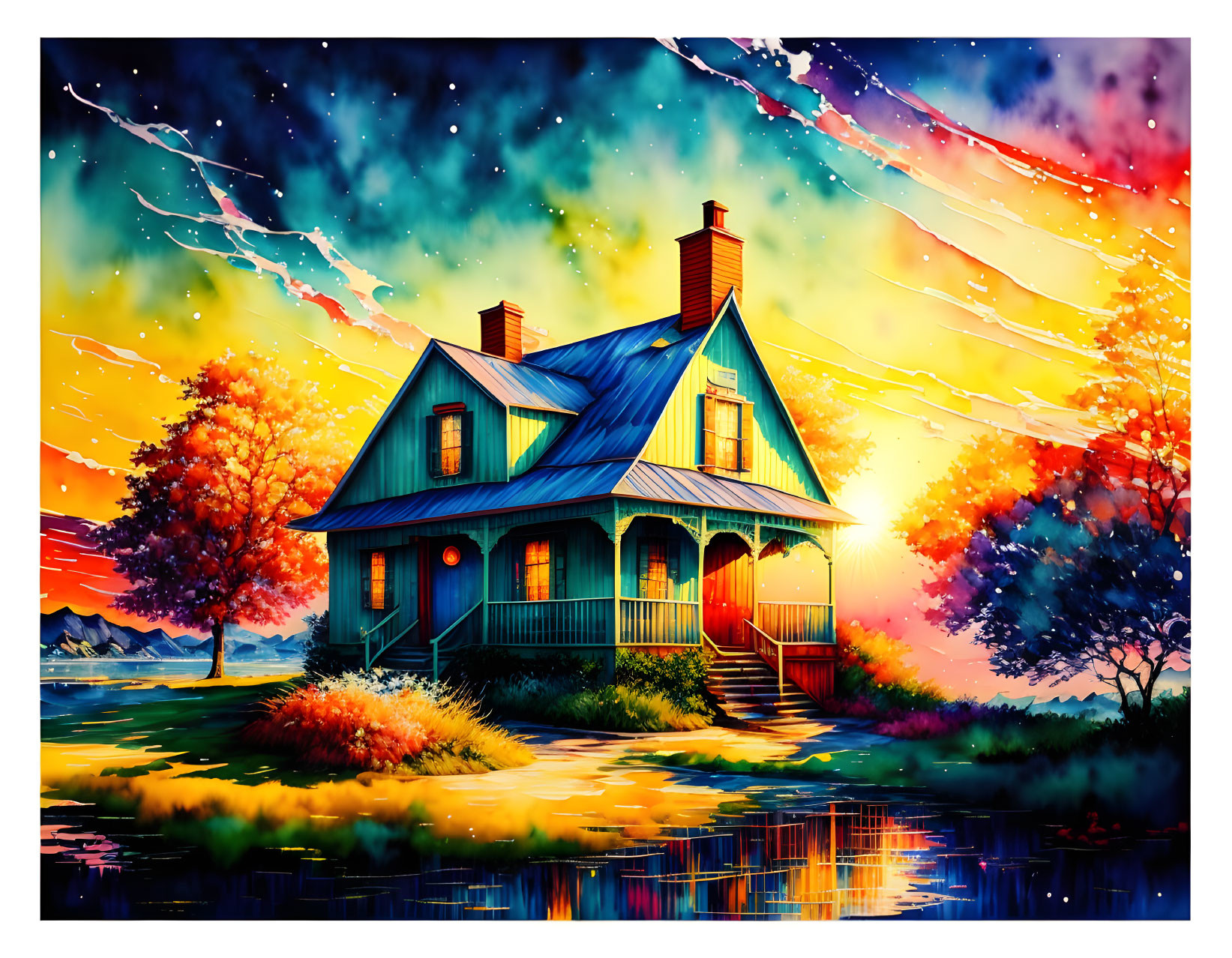 Colorful Two-Story House Illustration by Lake with Autumn Trees & Starry Sky