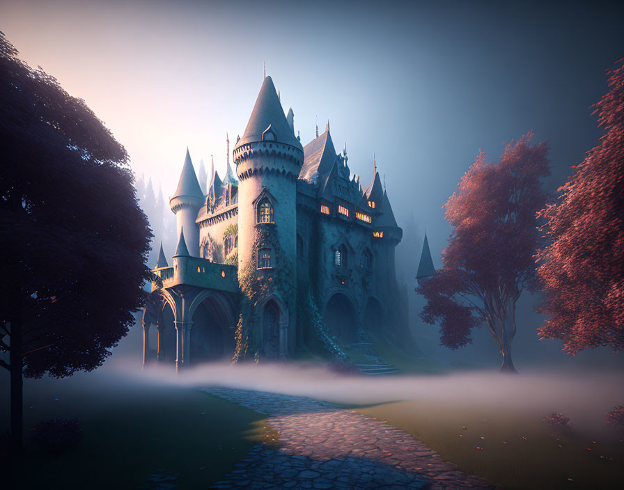 Enchanted castle in fog with spires and trees.