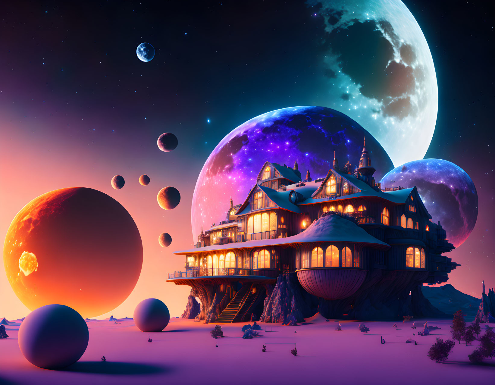 Surreal landscape with Victorian house, moons, orbs, and alien terrain