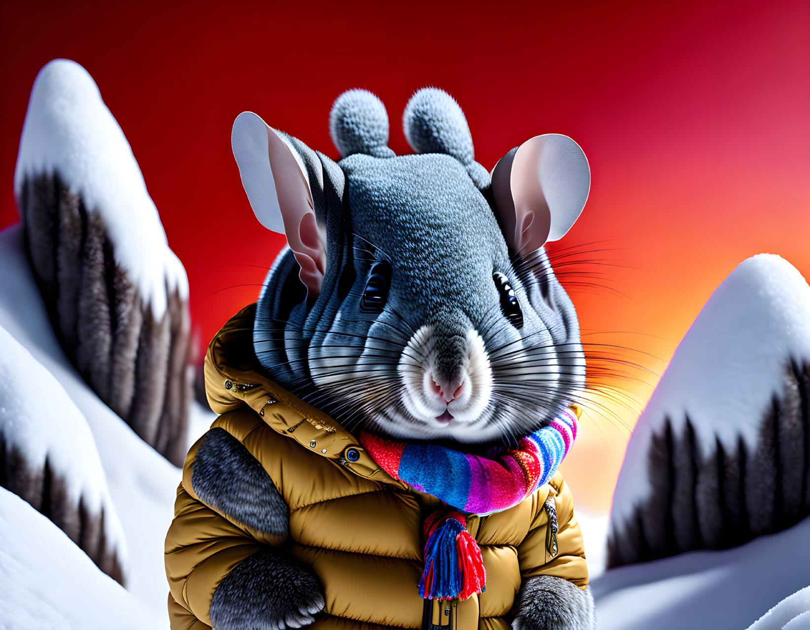 Mouse in Yellow Jacket and Colorful Scarf in Snowy Landscape