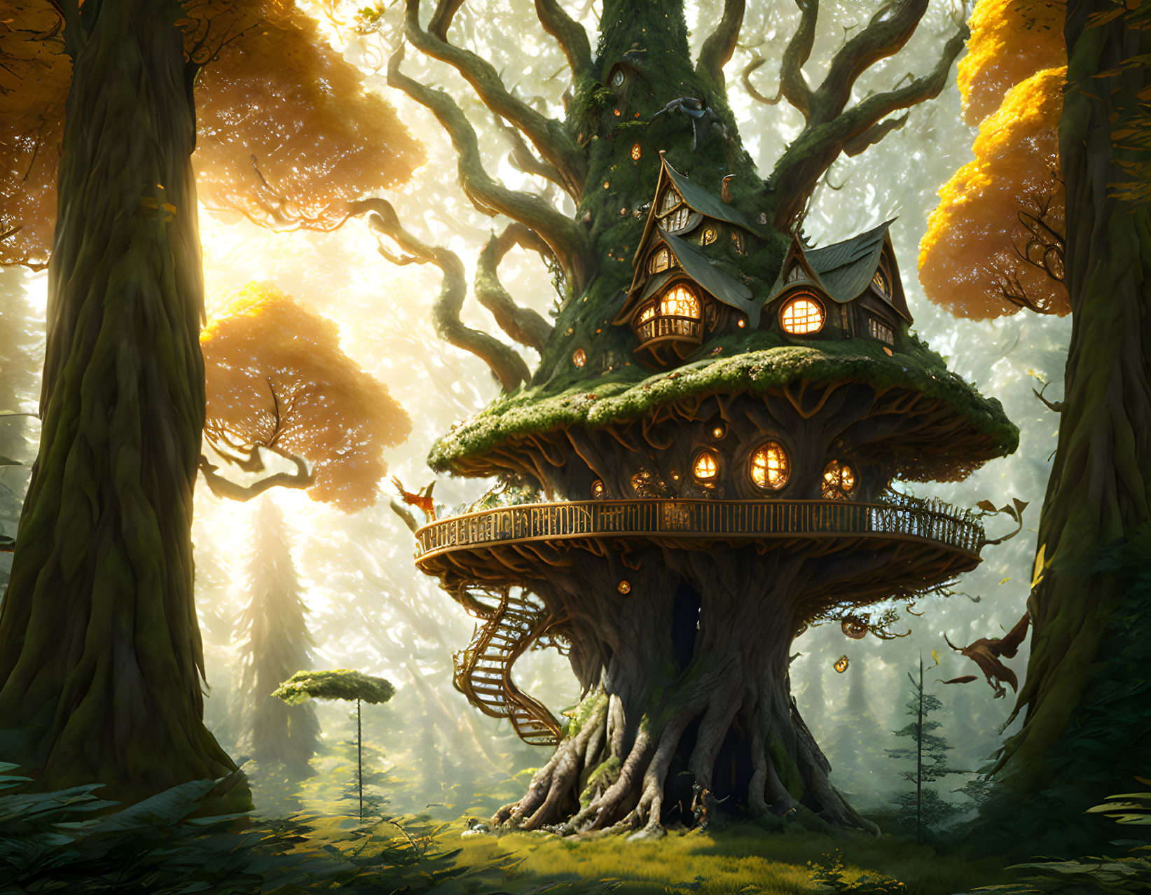 Enchanting treehouse in ancient forest with glowing windows