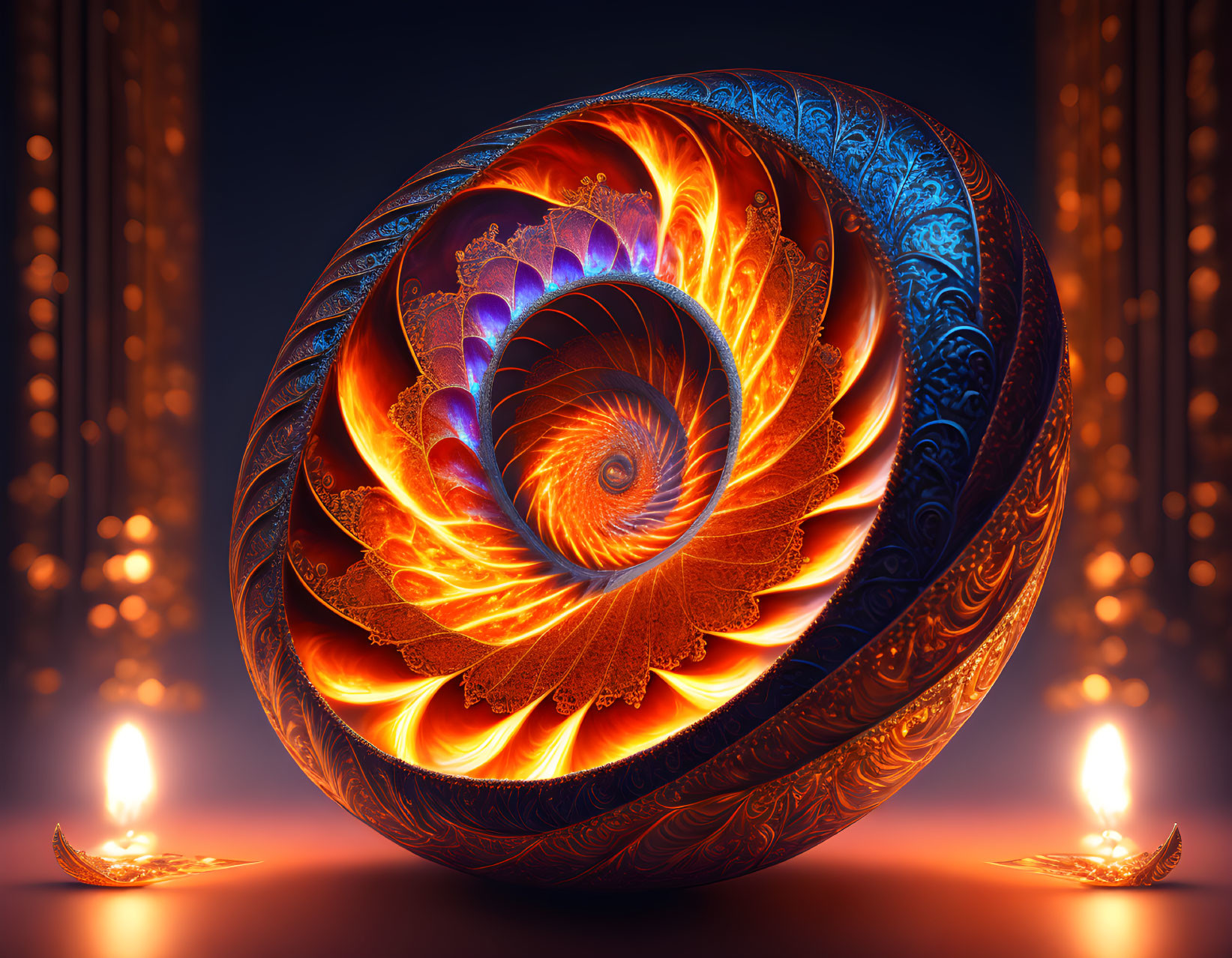 Intricate Fractal Sphere with Fiery Patterns and Candles