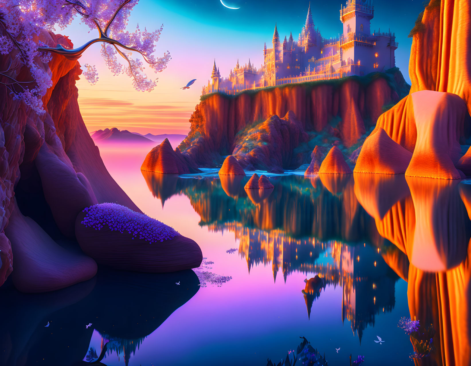 Fantasy landscape with castle on cliff, water, rock formations, purple and orange dusk sky