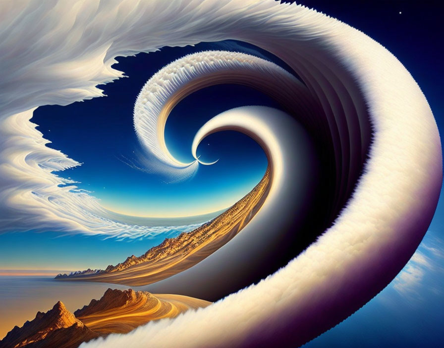 Surreal digital art: Massive wave, clouds, mountainous coastline